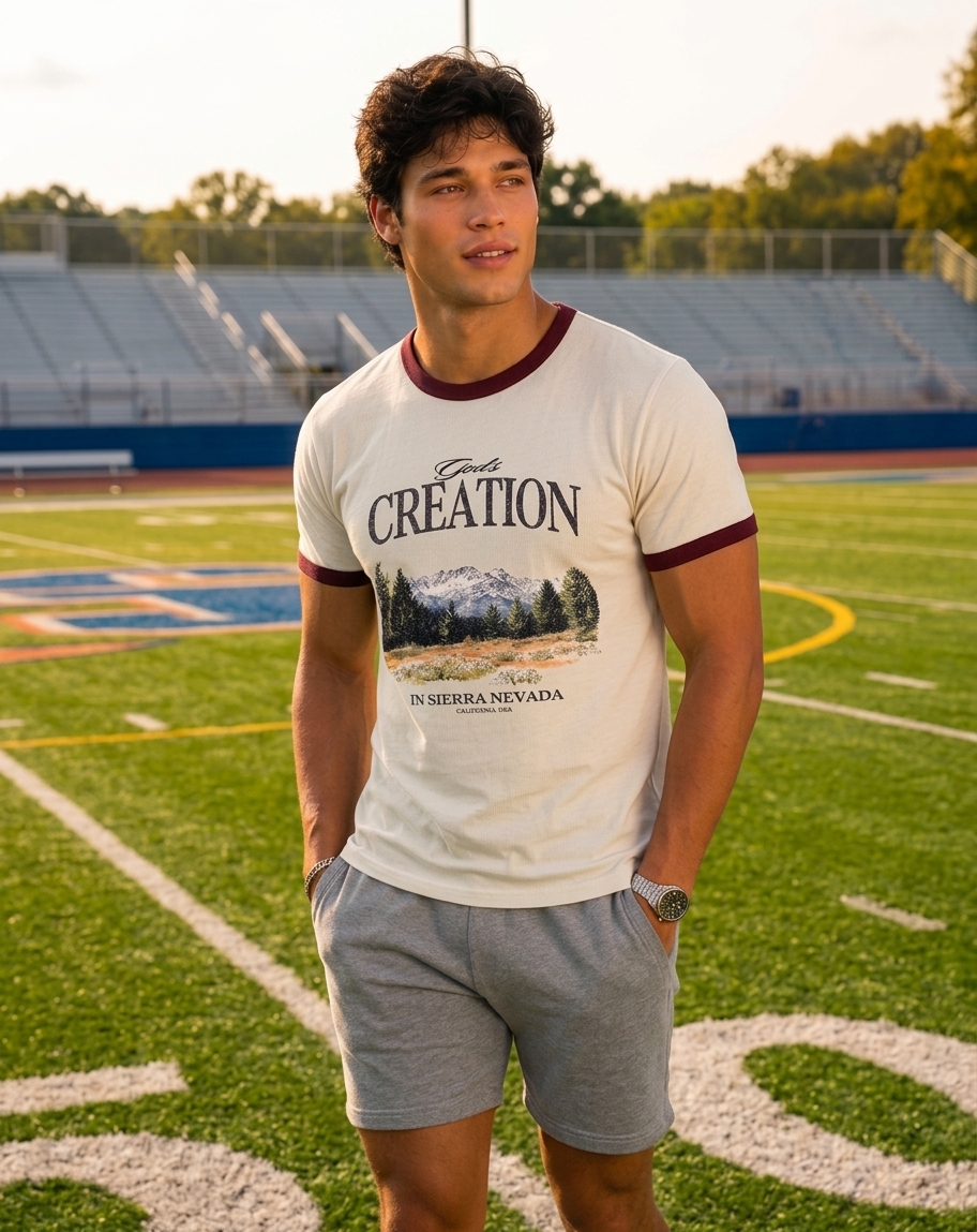 A man stands on a football field wearing a cream ringer t-shirt with maroon trim and a graphic print that reads 'GOD'S CREATION' and 'IN SIERRA NEVADA'.
